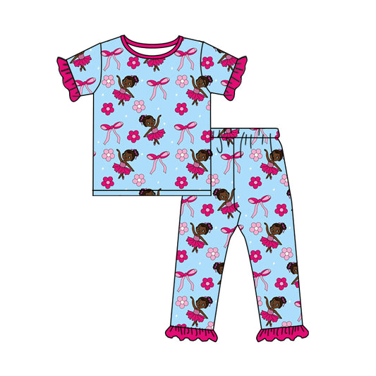 Preorder (moq 5)Baby Girls Short Sleeve Bows Flowers Princess Top Ruffle Pant Pajamas Sets