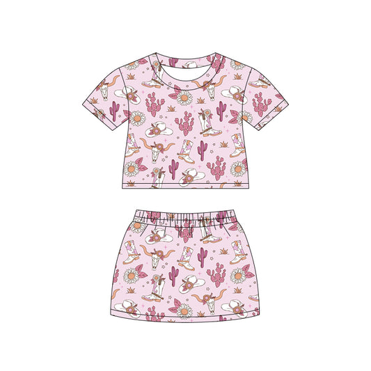 Preorder (moq 5)Baby Girls Bull Skulls Boots Top Skirt Shorts Western Clothes Set
