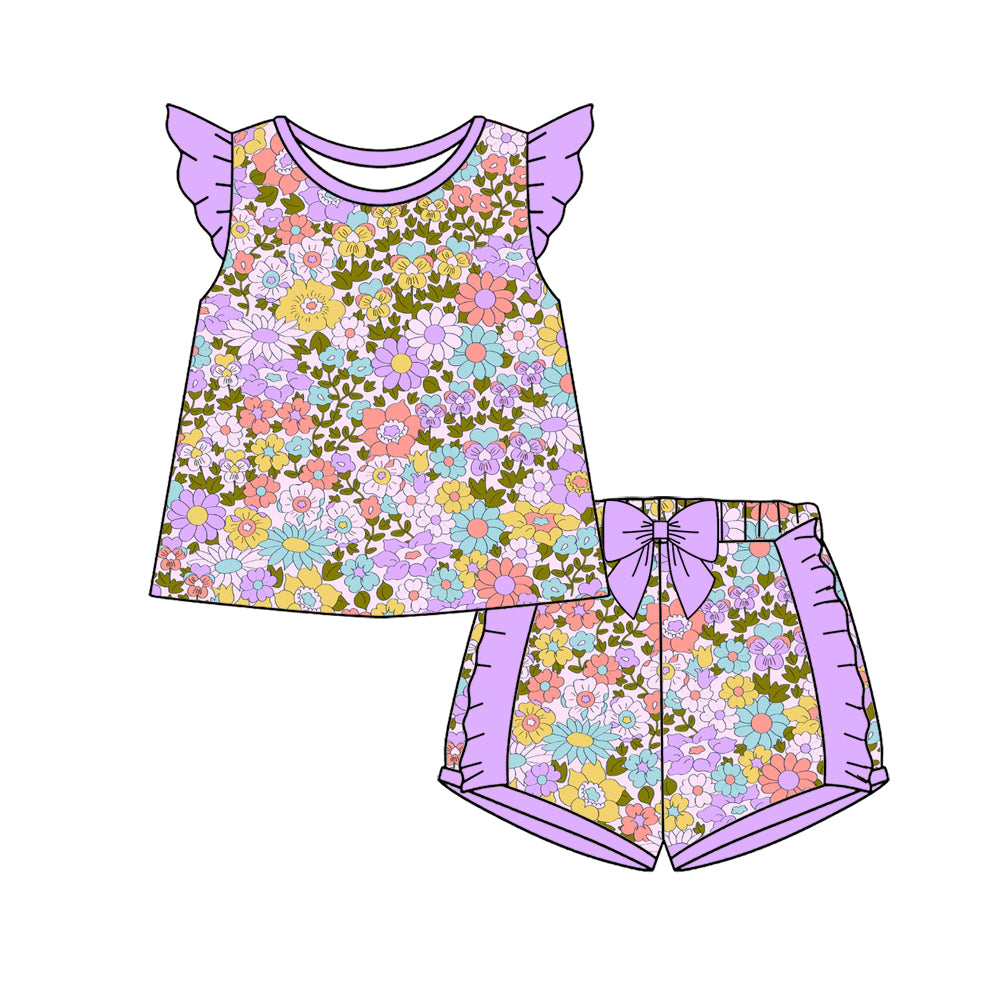 Preorder (moq 5)Baby Girls Flutter Sleeve Colorful Flowers Tunic Ruffle Short Clothes Sets