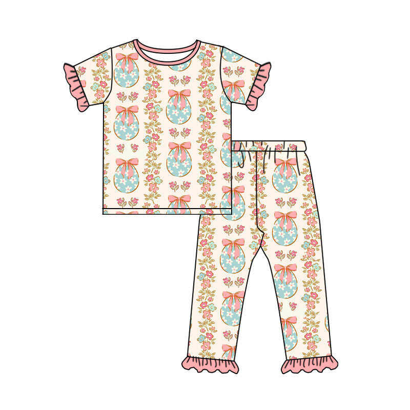 Preorder (moq 5)Baby Girls Eggs Flowers Stripe Top Ruffle Pants Easter Clothes Sets