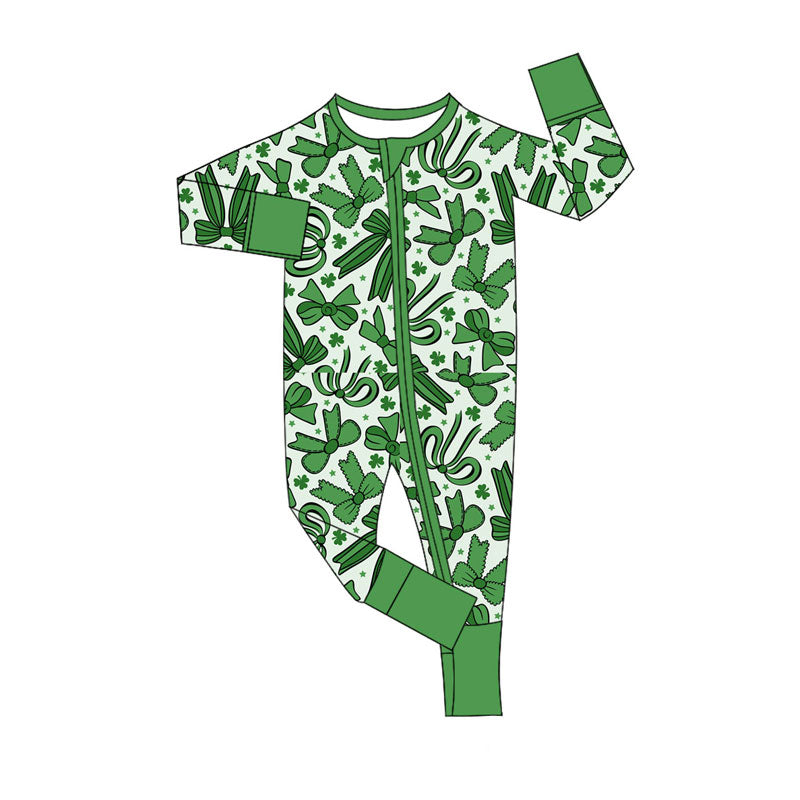 Preorder (moq 5)Baby Boys Bows Clovers St Patrick Zipper Footie Rompers