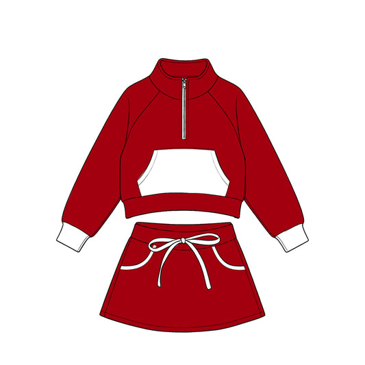 Preorder(moq5) Kids Half Zip Cropped Sweatshirt Skirt 2‑Piece Athletic Outfit