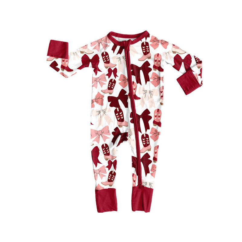 Preorder (moq 5)Baby Girls Red Pink Bows Boots Valentine Zipper Footie Rompers