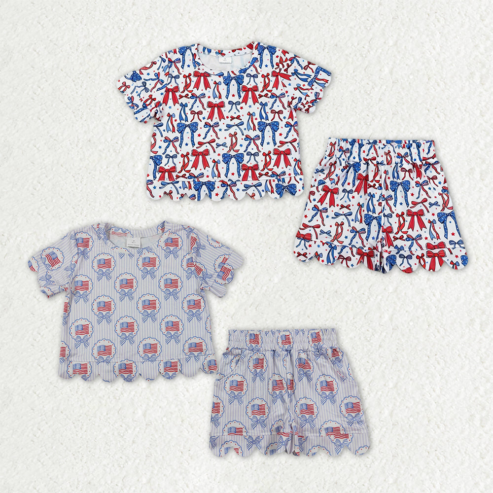 Sibling Baby Girls Bows Flags Checked Top Pockets Short 4th of July Scallop Clothes Sets