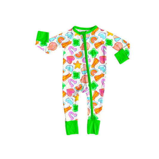 Preorder(moq 8)Baby Girls Clovers Rainbows St Patrick Zipper Footie Rompers