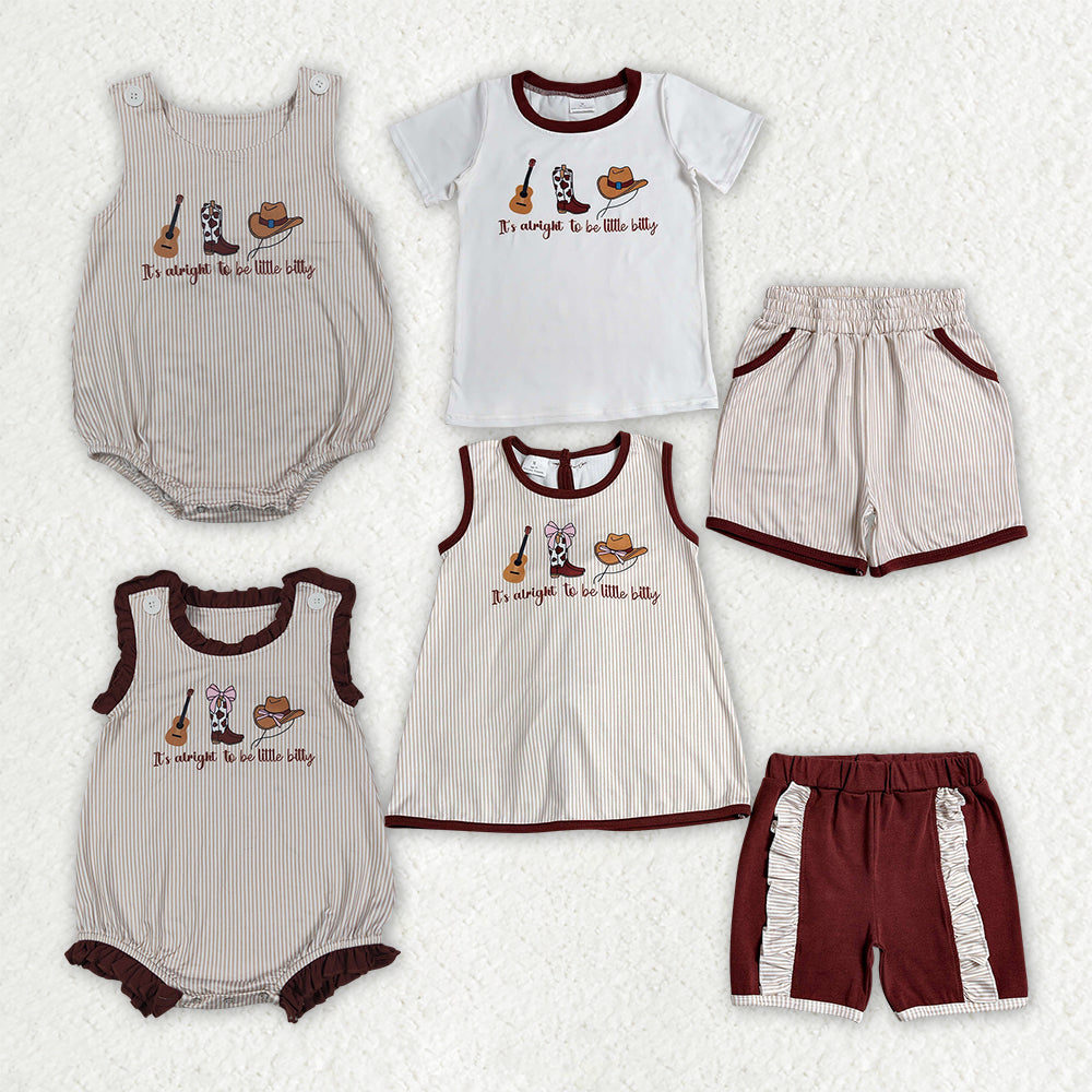 Sibling Baby Kids It's Alright to Be Little Bitty Stripe Top Short Western Clothes Set Rompers