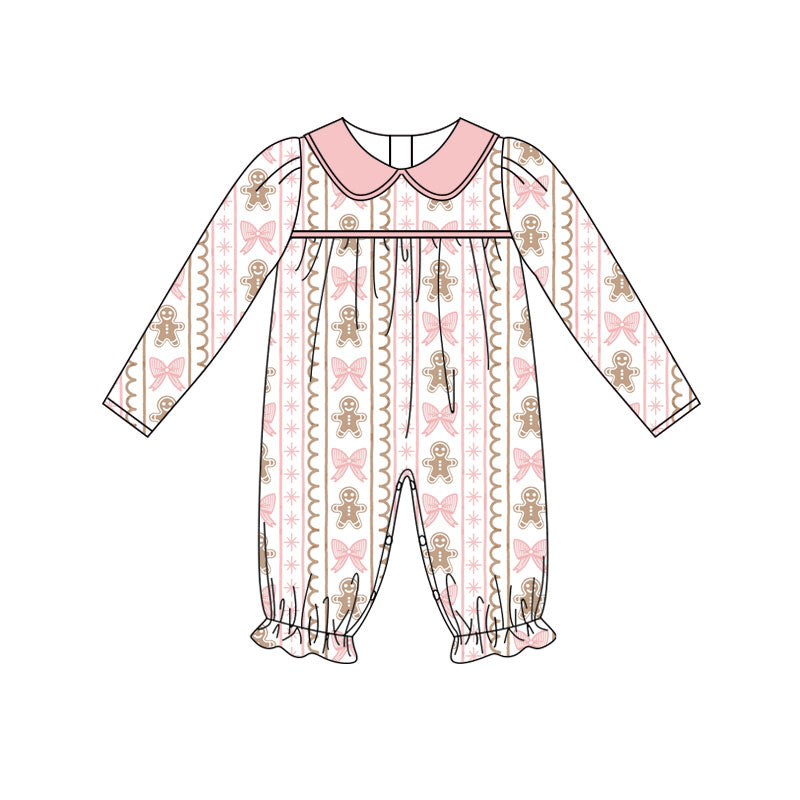 Preorder (moq 5)Baby Girls Bows Gingerbread Stripe Christmas Ruffle Pant Rompers