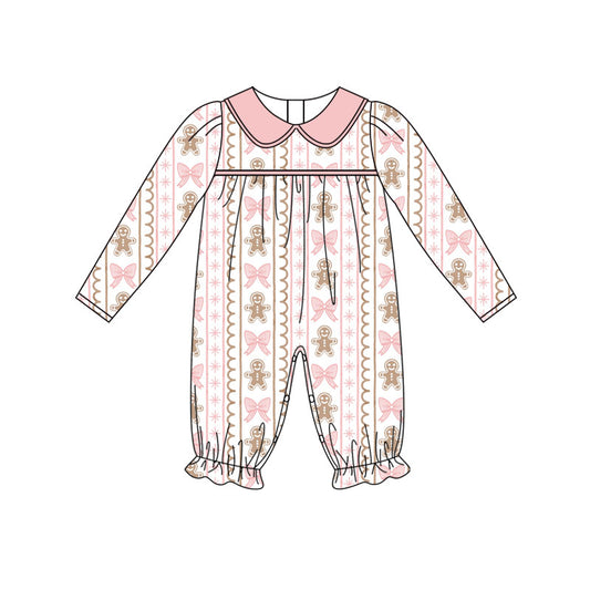 Preorder (moq 5)Baby Girls Bows Gingerbread Stripe Christmas Ruffle Pant Rompers