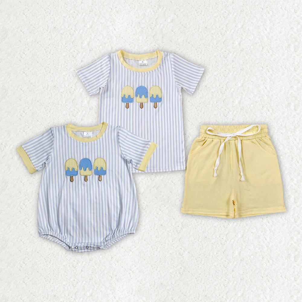 Sibling Baby Boys Embroidery Popsicle Stripe Top Pockets Short Clothes Set Rompers