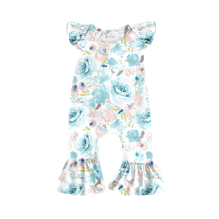 Preorder (moq 5)Baby Girls Flutter Sleeve Colorful Flowers Ruffle Footie Rompers