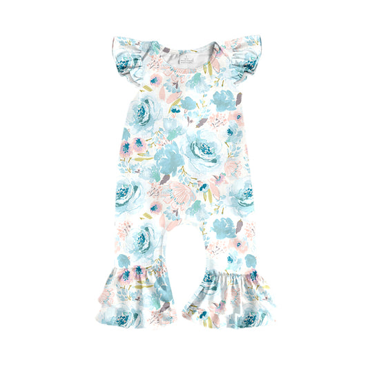 Preorder (moq 5)Baby Girls Flutter Sleeve Colorful Flowers Ruffle Footie Rompers