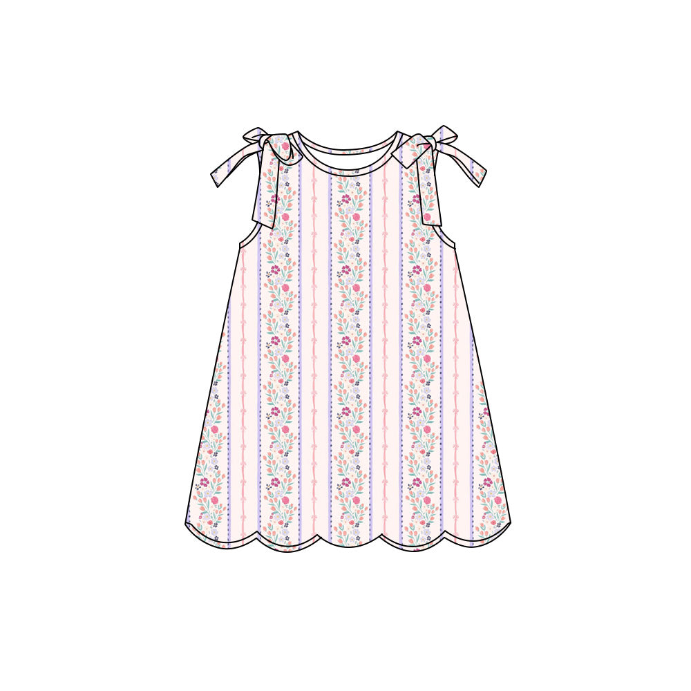 Preorder (moq 5)Baby Girls Sleeveless Pink Flowers Stripe Scallop Knee Length Dresses