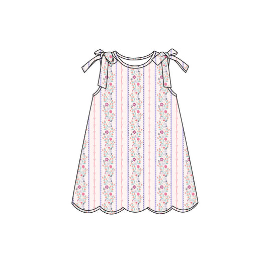 Preorder (moq 5)Baby Girls Sleeveless Pink Flowers Stripe Scallop Knee Length Dresses