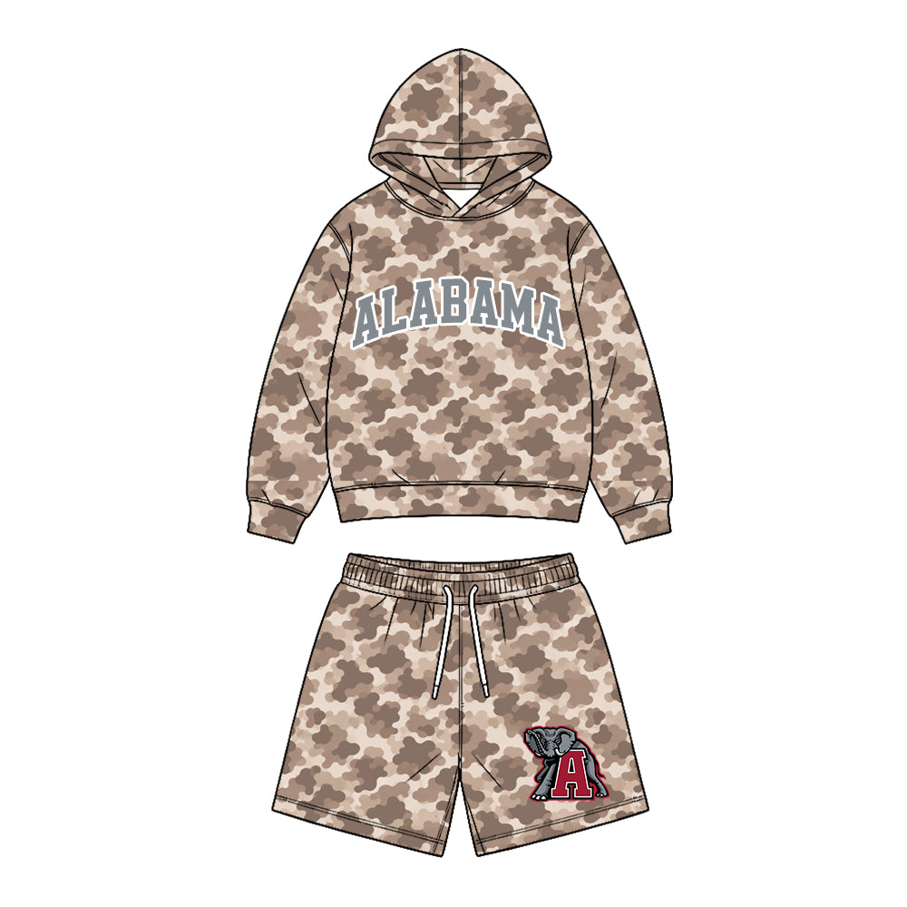 Preorder (moq 5) Baby Boy Clothes Alabama Elephant Mascot Logo Camo Print Long Sleeve Hoodie & Elastic Waist Short Set