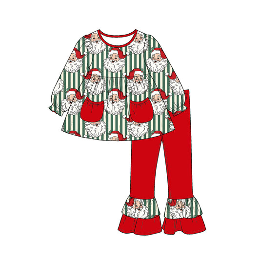 Baby Girls Green Stripe Santa Pockets Tunic Ruffle Pant Christmas Clothes Set Preorder