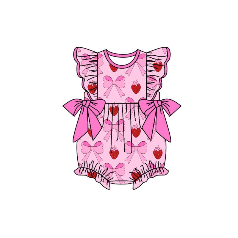 Preorder (moq 5)Baby Girls Pink Flutter Sleeve Strawberry Bows Ruffle Rompers