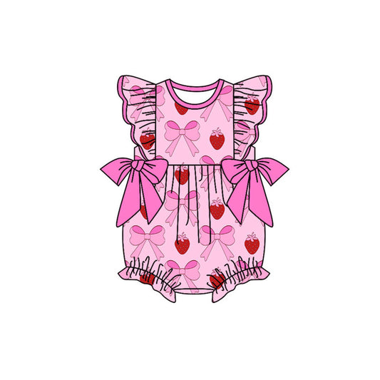 Preorder (moq 5)Baby Girls Pink Flutter Sleeve Strawberry Bows Ruffle Rompers