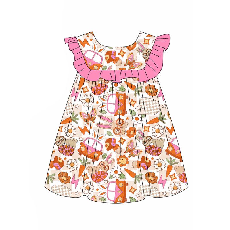 Preorder(moq 5) Baby Girls Rabbits Eggs Flowers Easter Knee Length Dresses