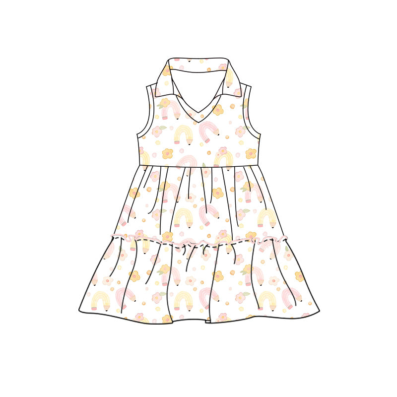 Preorder moq 5 Baby Girls Pencil Flowers Back to School Patchwork Knee Length Dresses