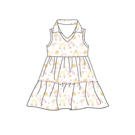 Preorder moq 5 Baby Girls Pencil Flowers Back to School Patchwork Knee Length Dresses