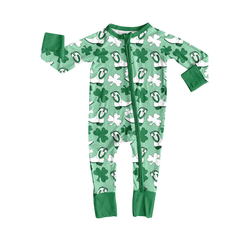 Preorder (moq 5)Baby Girls Clovers Boots St Patrick Western Zipper Footie Rompers