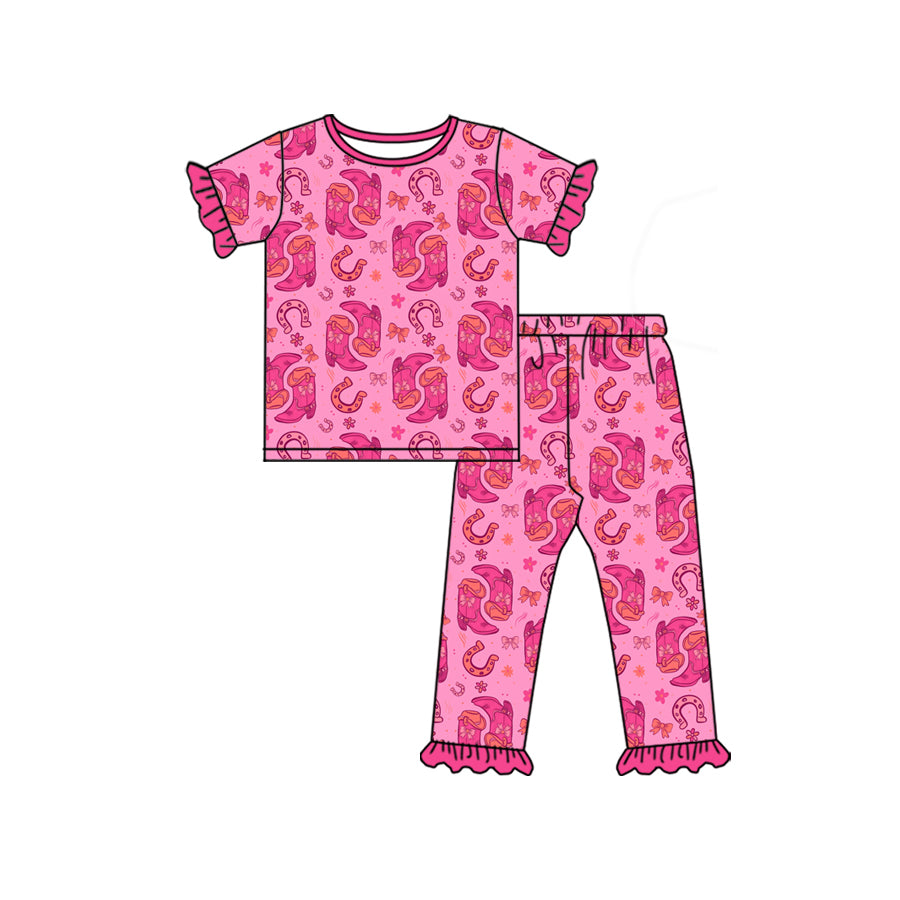 Preorder (moq 5)Baby Girls Bow Boots Top Ruffle Pants Western Pajamas Sets