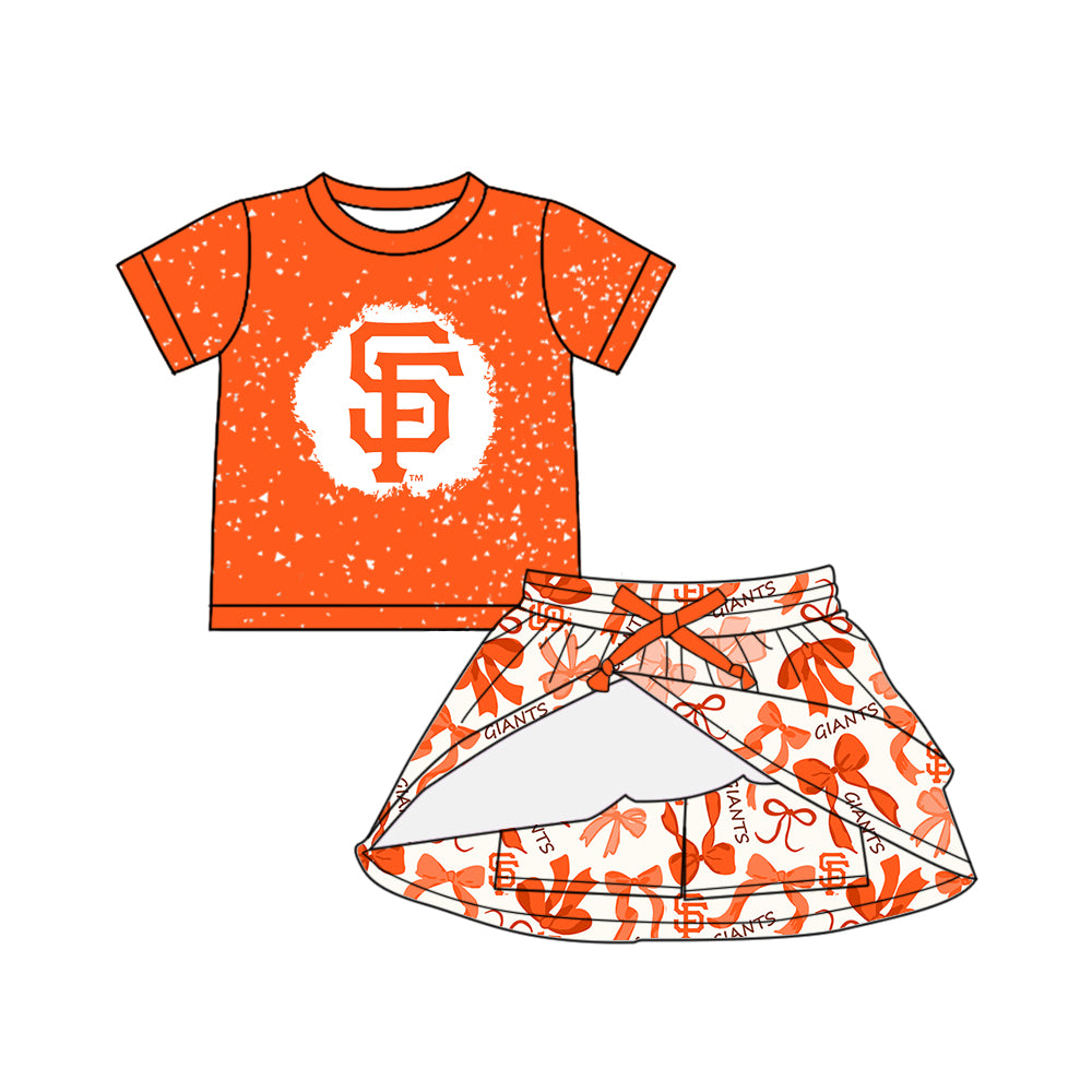 Preorder (moq 5)Baby Girls Orange Short Sleeves SF Top Giants Bows Plaid Shorts Team Set