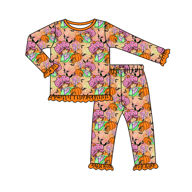 Preorder (moq 5)Baby Girls Orange Pumpkins Bats Top Ruffle Pant Halloween Pajamas Set