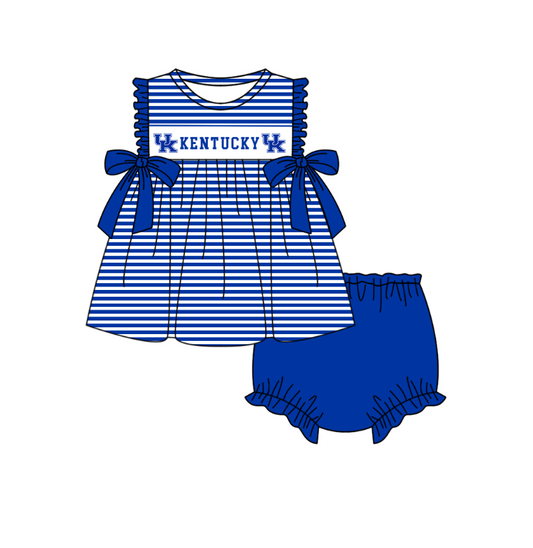 Preorder (moq 5)Baby Girls Hot Blue Sleeveless UK Stripe Tunic Bummies Team Clothes Sets
