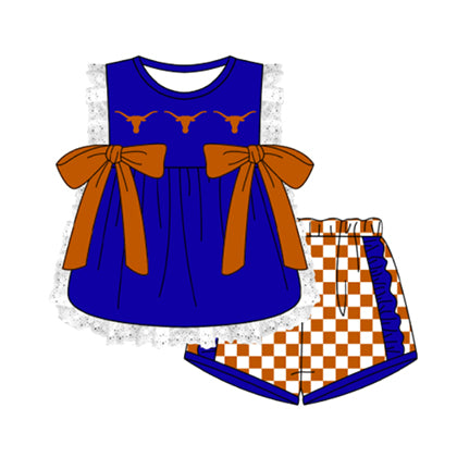 Preorder moq 5 Baby Girls Sleeveless Bull Skulls Lace Tunic Checked Short Team Clothes Sets
