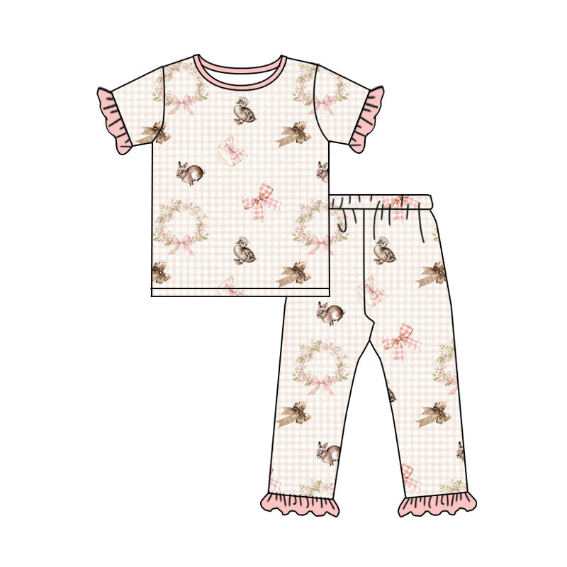 Preorder (moq 5) Baby Girl Clothes Easter Bunny Duck Bow Gingham Mixed Print Short Sleeve Ruffle Pant Set