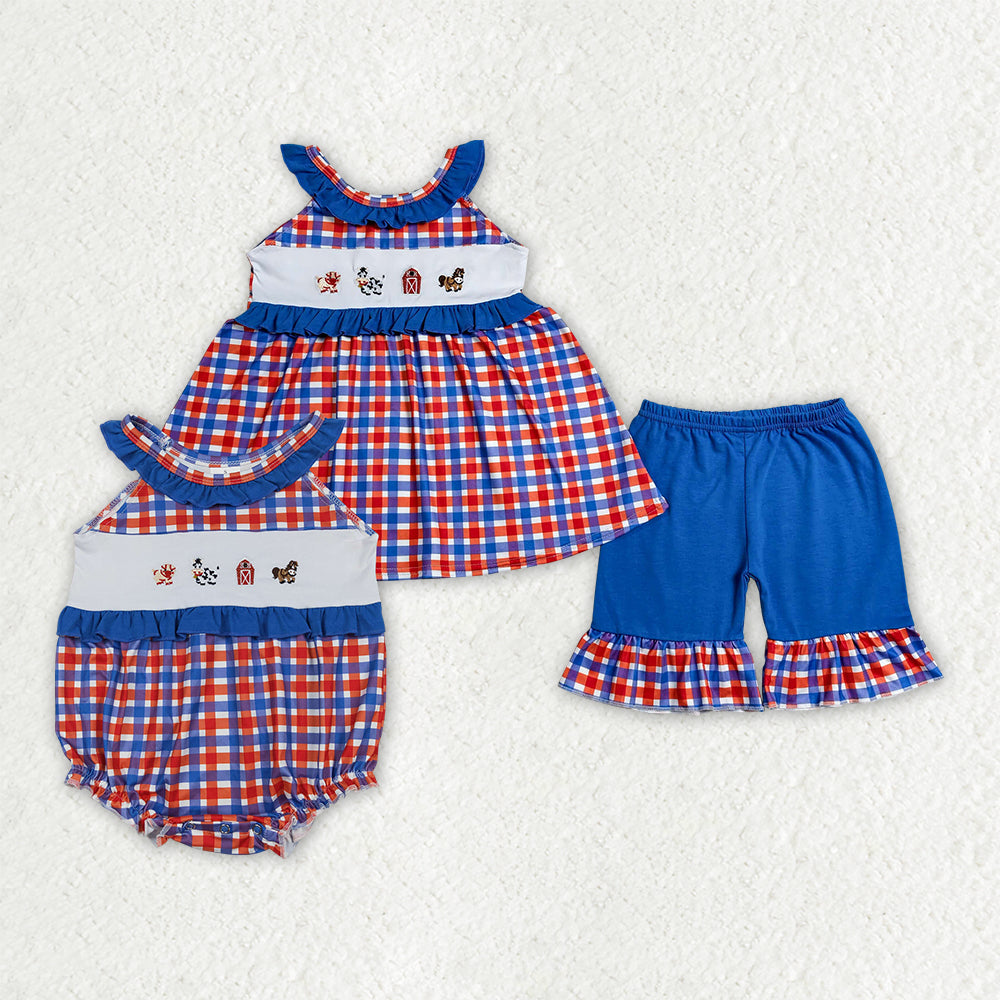 Sibling Baby Girls Embroidery Pigs House Tunic Ruffle Short Clothes Set Rompers