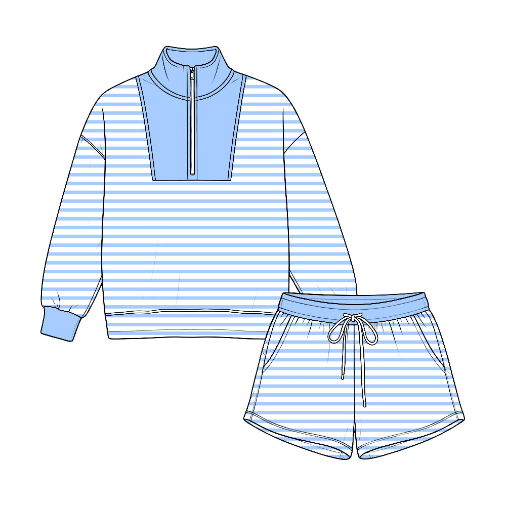Pre-order(moq5) Kids’ Blue Half-Zip Cropped Sweatshirt & Shorts 2-Piece Athletic Set
