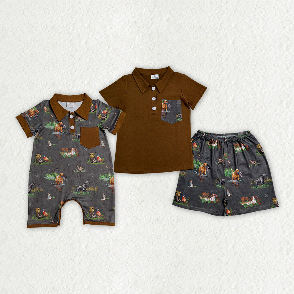 Sibling Baby Boys Dogs Fishes Button Polo Top Short Hunting Clothes Set Rompers