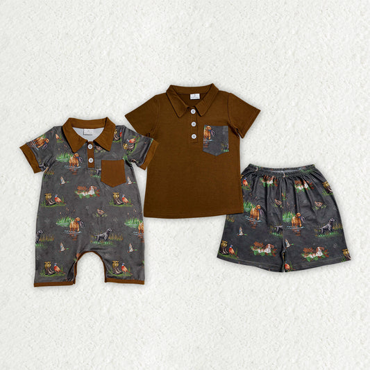 Sibling Baby Boys Dogs Fishes Button Polo Top Short Hunting Clothes Set Rompers