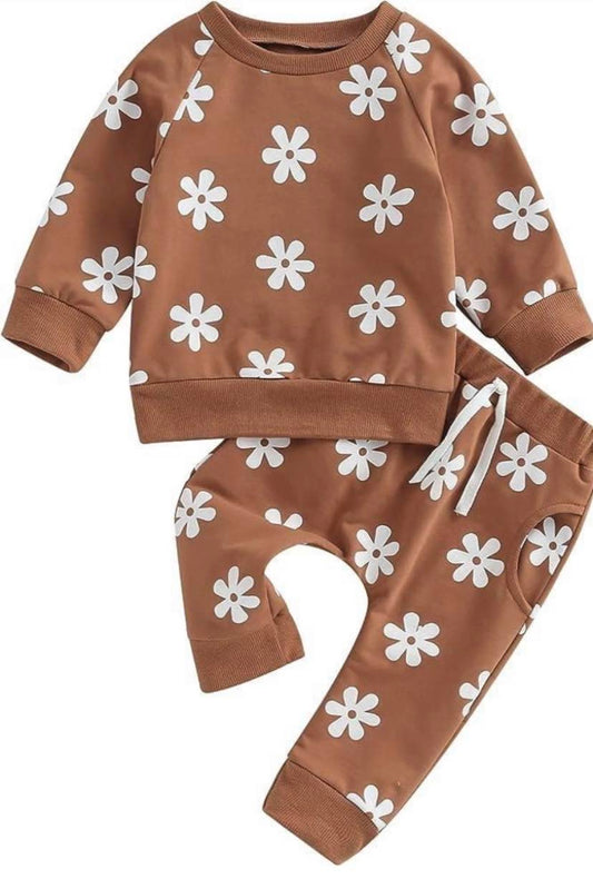 Baby Kids Girls Brown Flowers Pajamas Clothing Sets preorder(moq 5)