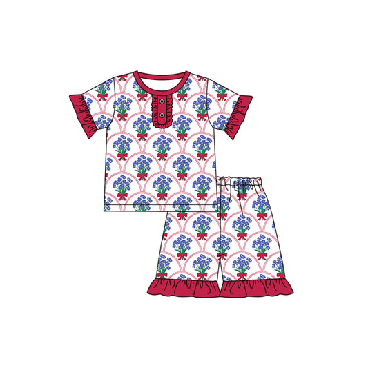 Preorder (moq 5)Baby Girls Blue Flowers Bows Summer Shirt Top Shorts Pajamas Clothes Sets