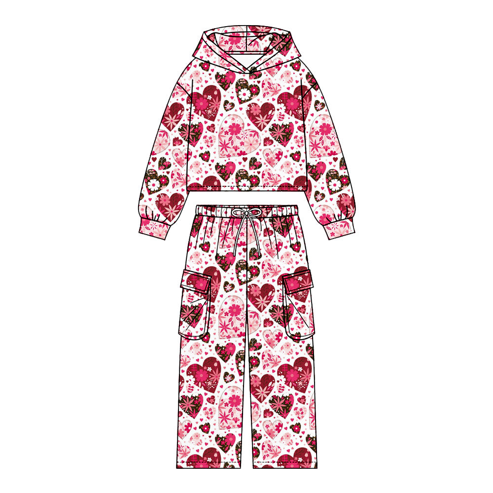 Preorder (moq 5) Girls’ Fall Valentine’s Day Red Heart Bow Pocket Crewneck Sweatshirt & Wide-Leg Pants Set