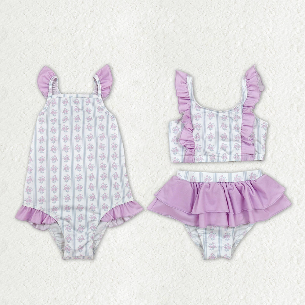 Sibling Baby Girls Lavender Flowers Stripe Swimsuits