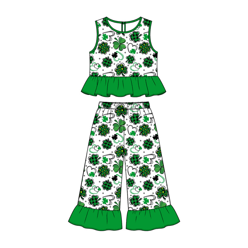 Preorder (moq 5) Baby Girl Clothes St Patrick's Day Plaid Clover Heart Mixed Print Sleeveless Ruffle Top Flare Pant Set