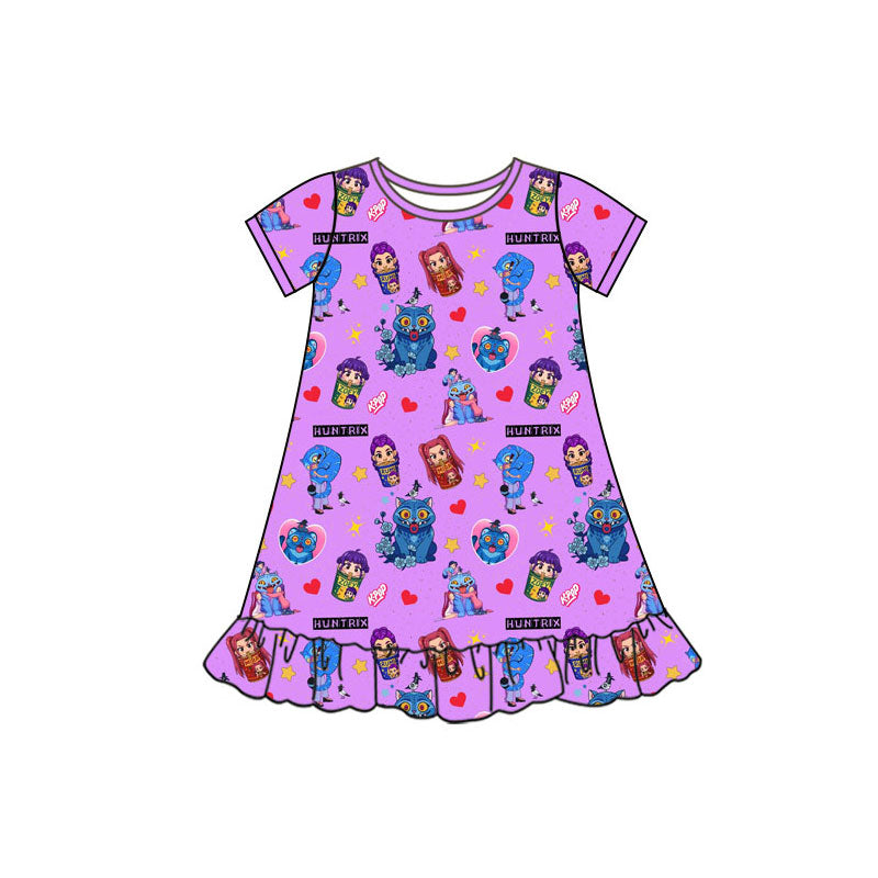 Preorder(moq 5) Baby Girls Short Sleeve Cartoon Girls Hearts Ruffle Knee Length Dresses