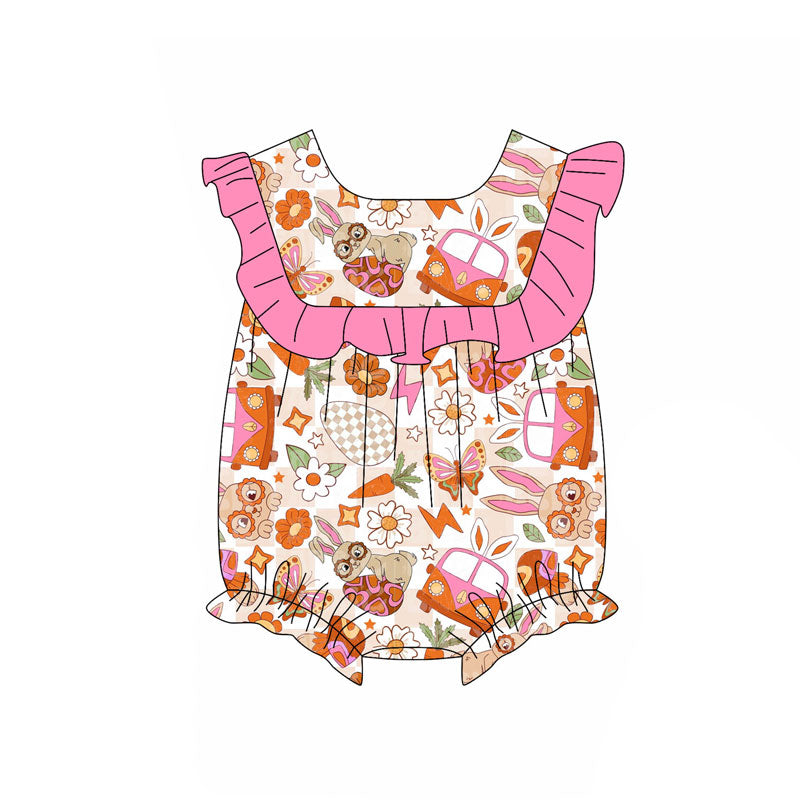 Preorder (moq 5)Baby Girls Rabbits Eggs Flowers Easter Ruffle Rompers