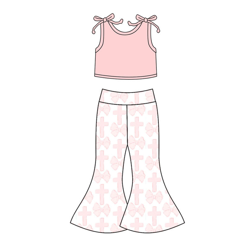 Preorder(moq 5) Baby Girls Pink Vest Shirts Bows Crosses Bell Bottom Pants Easter Clothes Sets