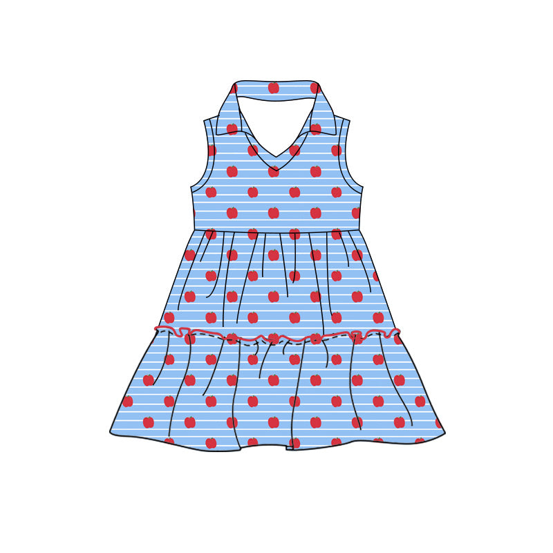 Preorder moq 5 Baby Girls Blue Stripe Apples Back to School Patchwork Knee Length Dress