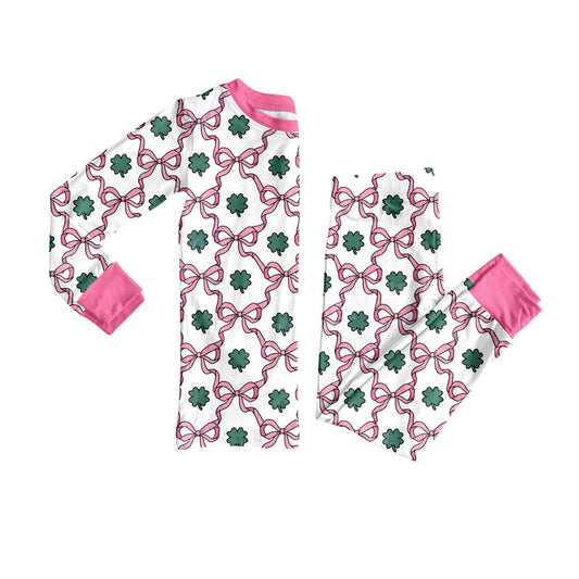 Preorder(moq 5) Baby Girls Pink Bows Clovers Checked Top Pants St Patrick Pajamas Sets
