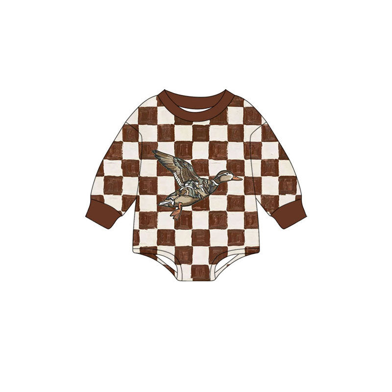 Preorder (moq 5)Baby Boys Brown Checked Ducks Hunting Long Sleeve Rompers