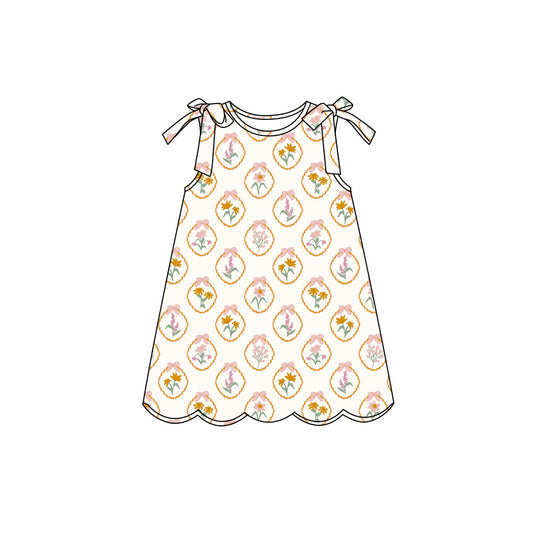 Preorder (moq 5)Baby Girls Sleeveless Pink Flowers Bows Scallop Knee Length Dresses