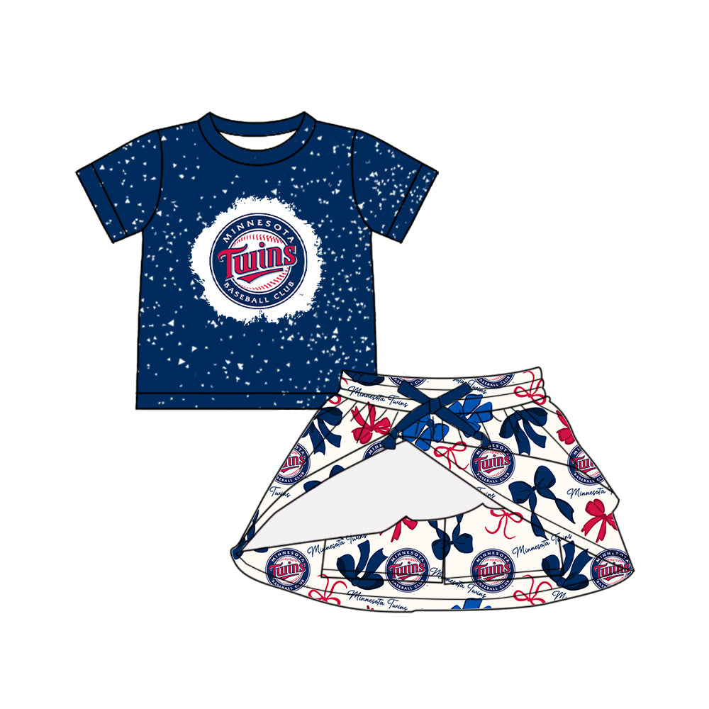 Preorder (moq 5)Baby Girls Hot Blue Short Sleeves Turins Top Bows Plaid Skorts Team Set