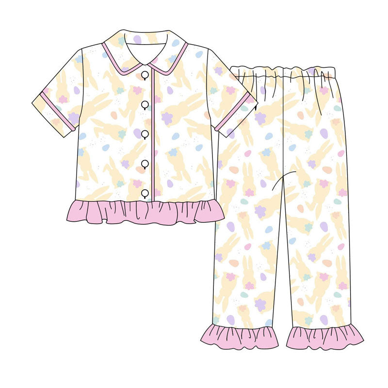Preorder (moq 5)Baby Girls Yellow Rabbits Button Top Ruffle Pants Easter Pajamas Sets