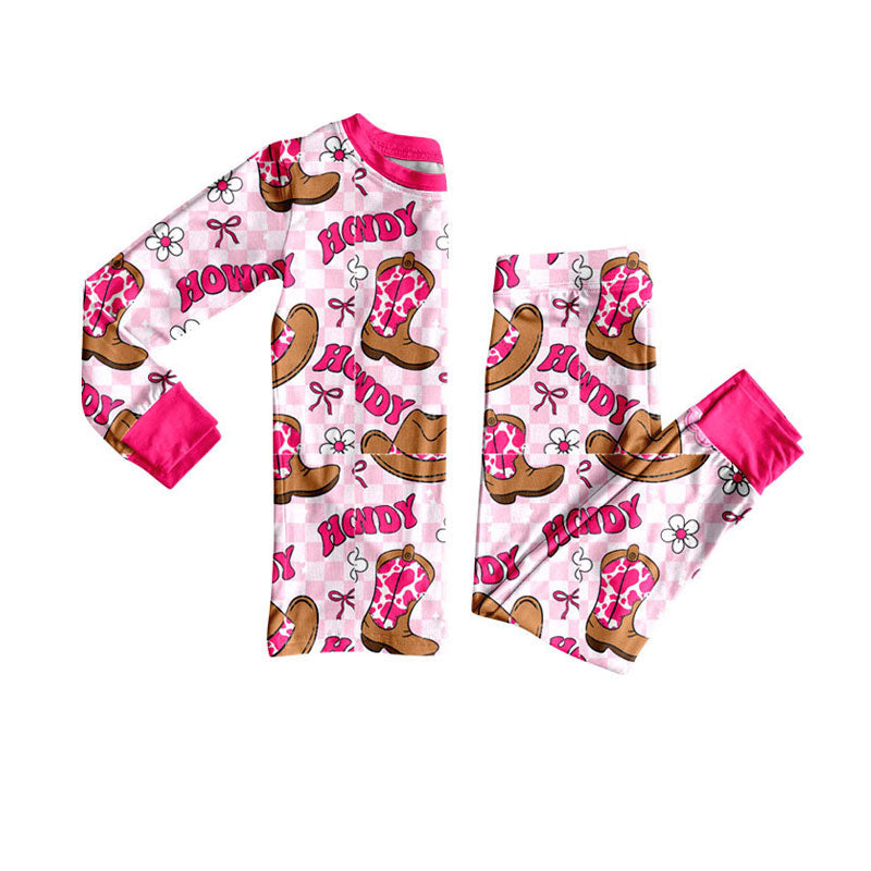 Preorder(moq 8)Baby Girls Pink Checked Hats Boots Howdy Top Pants Western Pajamas Sets